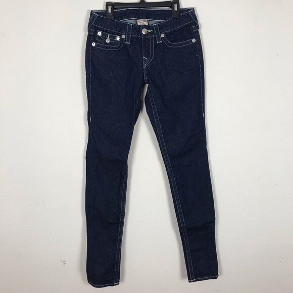 True Religion World Tour Julie Dark Wash Jeans- Jeweled Back Pockets- Size 27 - Picture 1 of 8